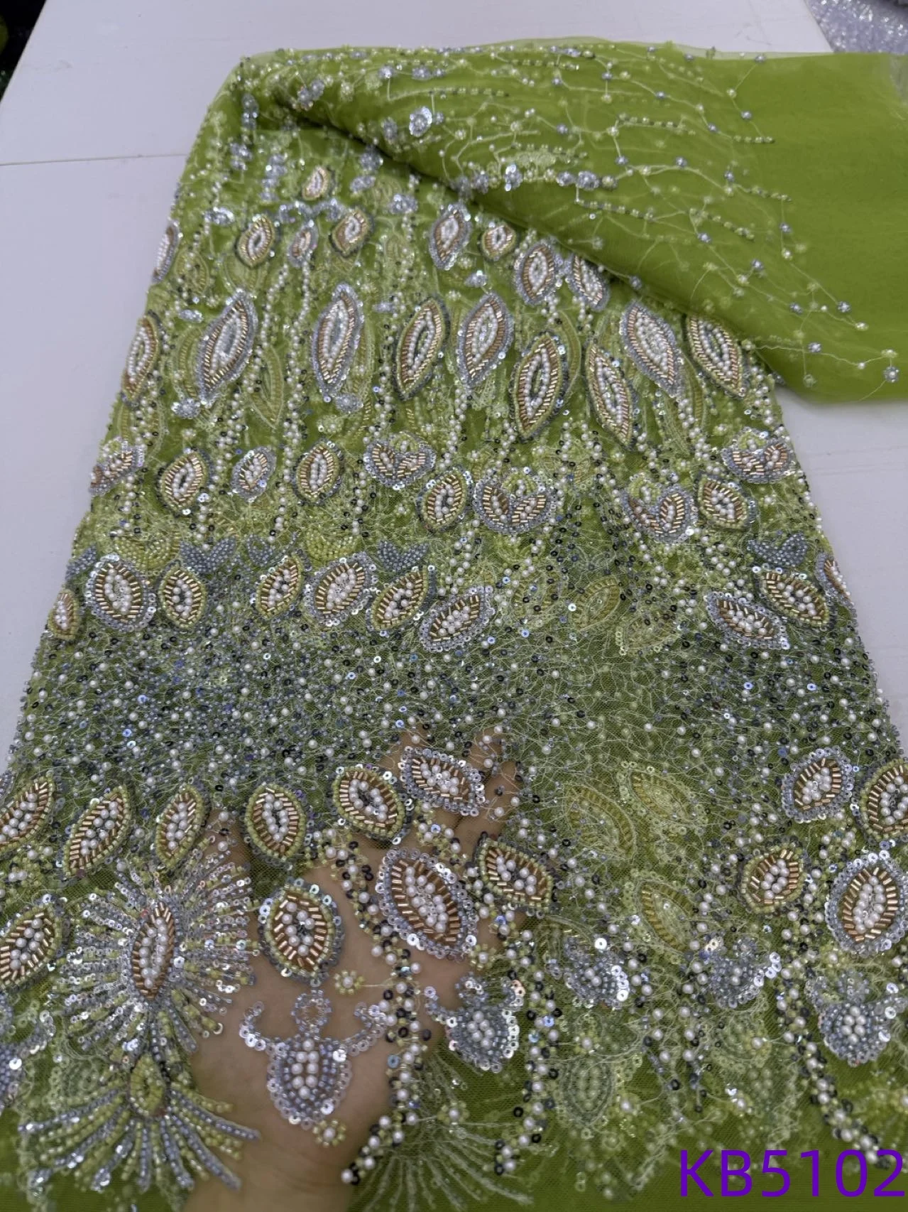 Tela de tul con lentejuelas, tela de encaje con cuentas, tela africana de encaje de alta calidad, tela bordada verde de Dubái 2025 para coser 5102