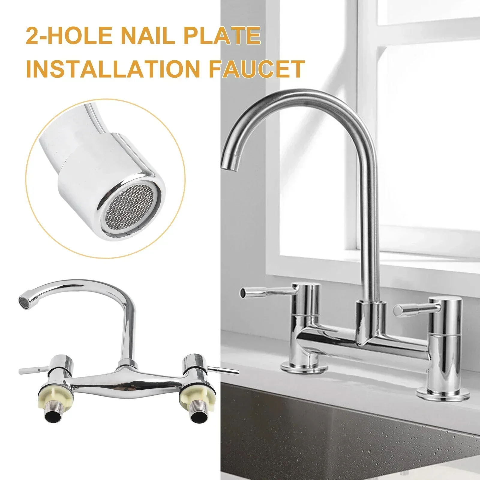 1PCS Faucet Modern Double Lever Chrome Kitchen Sink Hot And Cold Mixing Faucet 2-hole Deck 360 Degree Swivel Spout Pratical