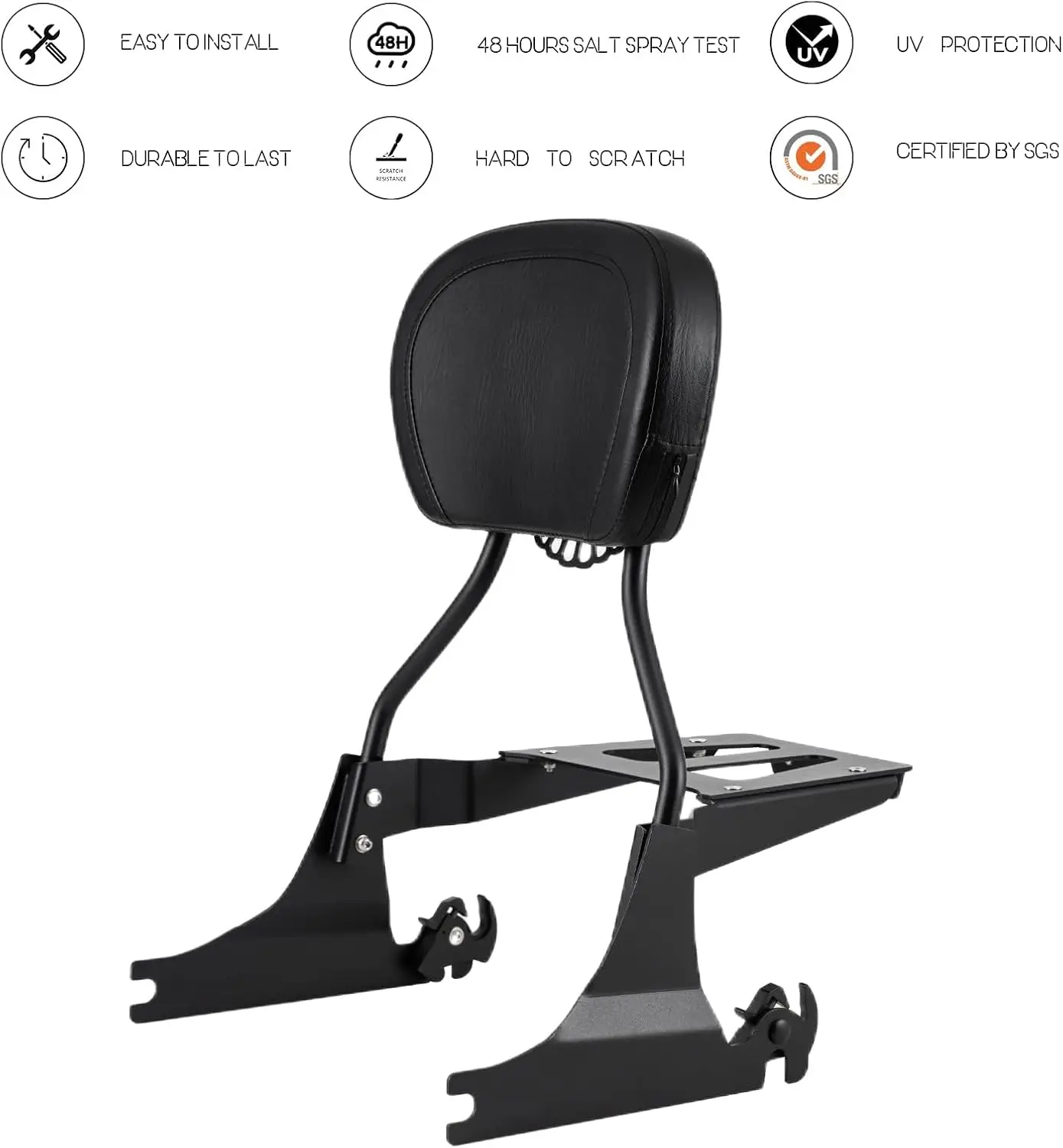 Motorcycle Sissy Bar Backrest and Luggage Rack with Docking Kit, Black, Non-Studded, Fits Select Cruiser Motorcycles