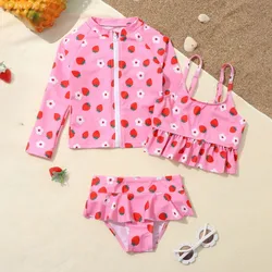 3Pcs Kids Girls Swimsuit Strawberry Print Sunscreen Coat+Bikini Tops Suspenders+Swim Briefs Beachwear Summer Girls Swimming Suit