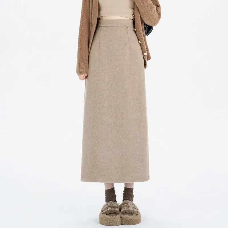 Woolen Skirt Women's Autumn and Winter 2025 Thick Long Straight High Waist Split A-line Skirt