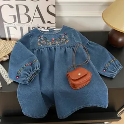 Girls Denim Princess Dresses 2024 Autumn New Embroidery Floral Long Sleeve Dress Children's Daily Casual Clothes