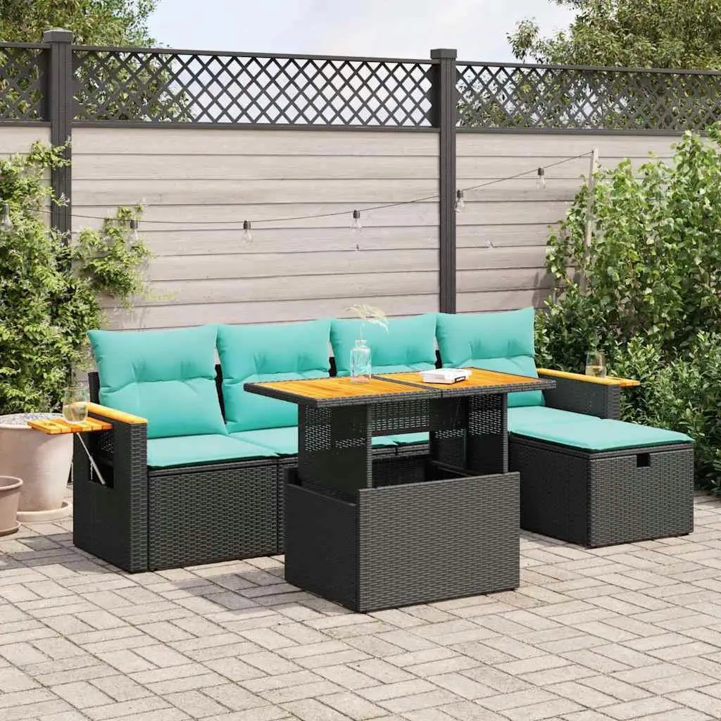 

6 Piece Outdoor Sofa Set with Cushions Black Wicker and Acacia Wood for Patio Garden Furniture