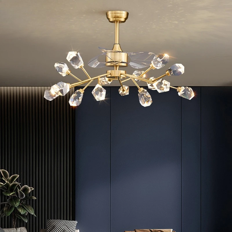 All-copper K9 crystal fan chandelier Nordic simple frequency conversion remote control ceiling fan light luxury living room