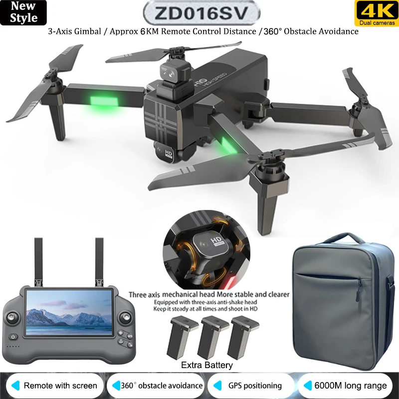 

ZD016 SV GPS Drone Remote Control With Screen 3-Axis Gimbal 4K Dual Camera 360° Obstacle Avoidance 6KM Brushless RC Quadcopte