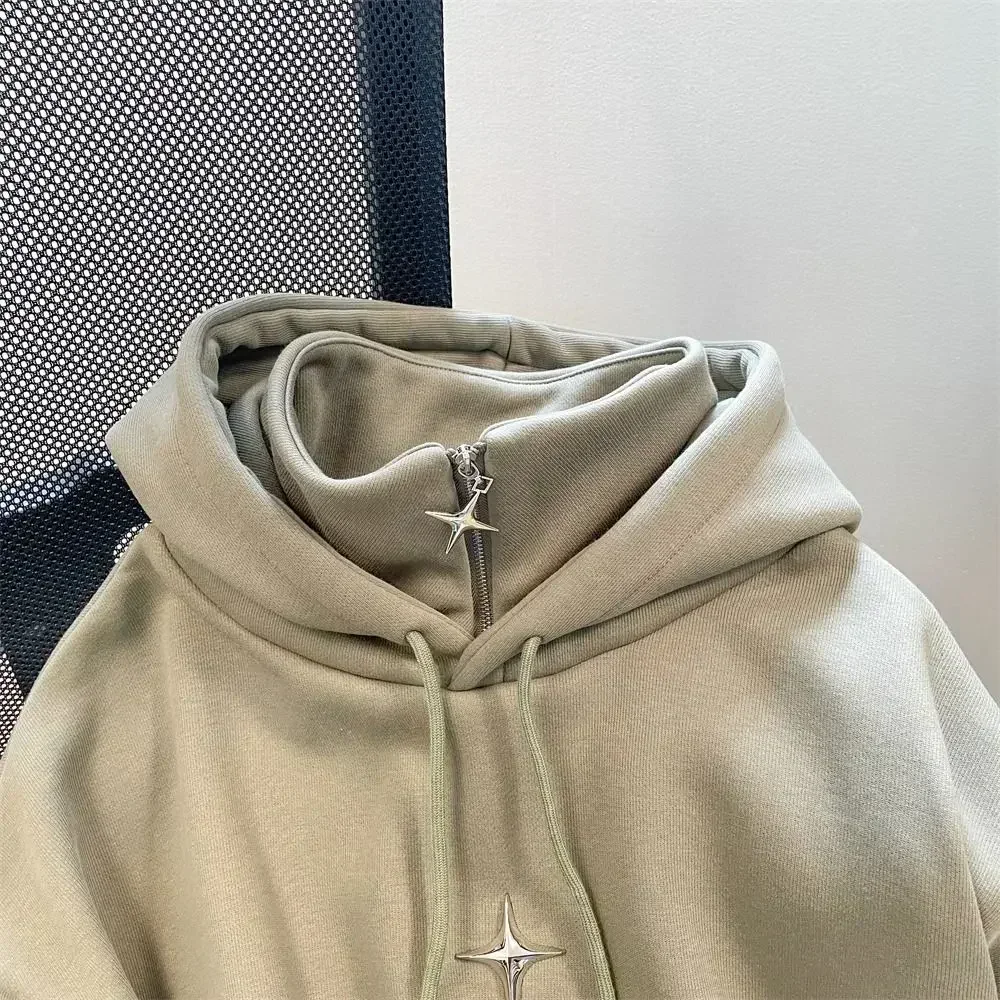 American Style Retro Design Sense Four Pointed Star High Collar Hooded Sweater for Men and Women Trend Winter Thick Top Coat