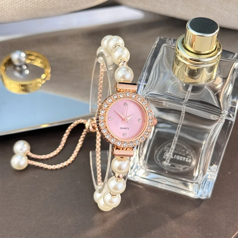 ساعة كوارتز لؤلؤية أنيقة للسيدات، ساعة يد نسائية أنيقة مع خرز لامع لإكسسوارات الموضة