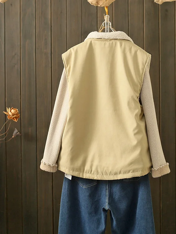 plus Size Fleece Lined Zipper Closure Collared Vest Women's Autumn Winter Warm Outerwear Casual Style Windproof Cotton Blend