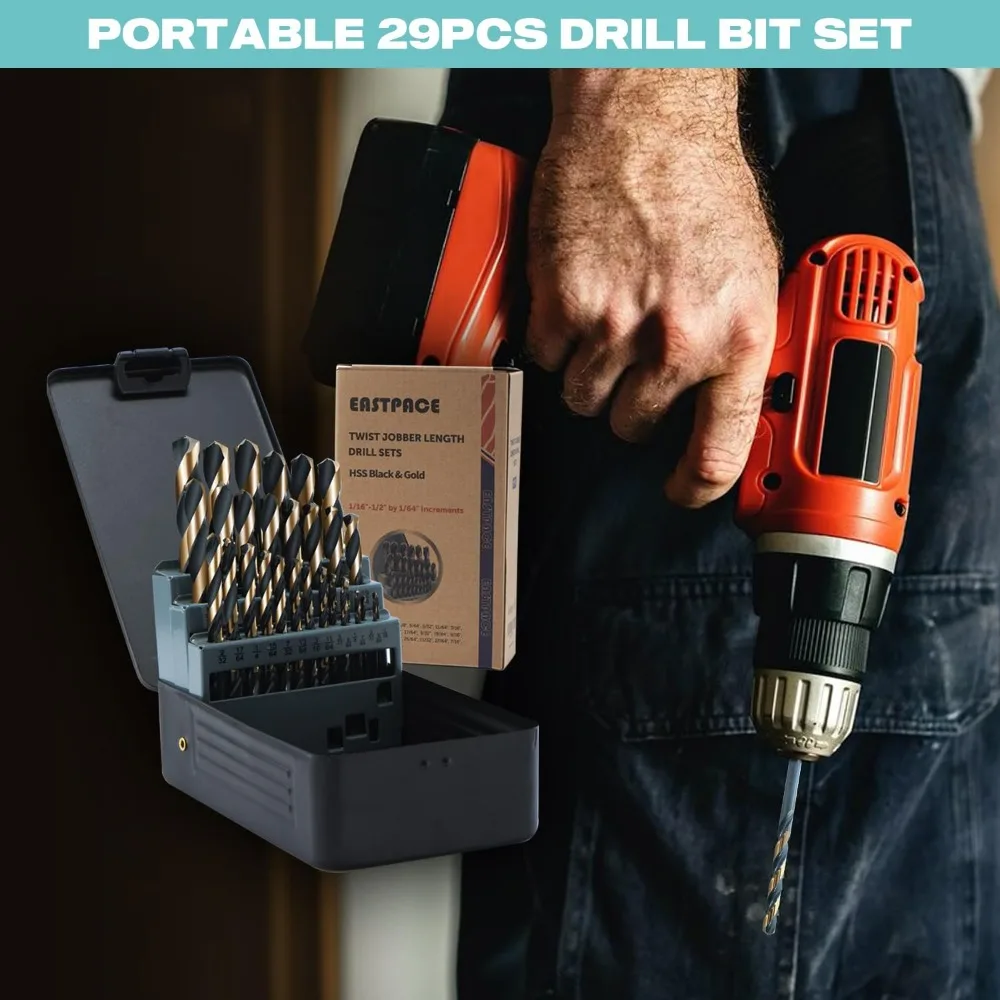 Set Mata Bor Baja Kecepatan Tinggi (HSS), 29 Buah, Ukuran dari 1/16 hingga 1/2 Inci, Lapisan Hitam dan Emas, Panjang Jobber, Index Case I