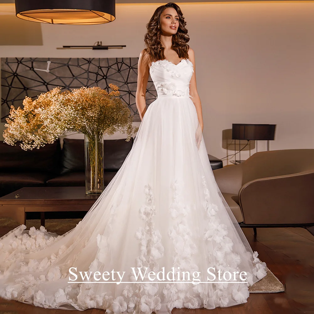 

Свадебное платье с цветами Vestido De Noiva по индивидуальному заказу, милое платье без рукавов со шлейфом, трапециевидное корсетное свадебное платье, платья невесты