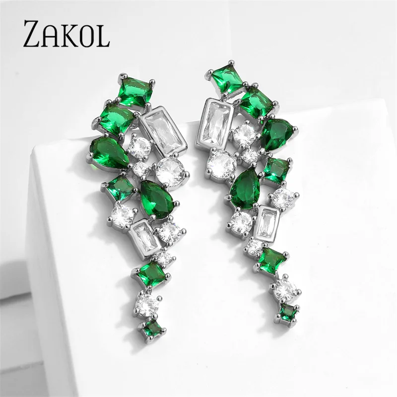 ZAKOL Vintage Green Cubic Zirconia Leaf Drop Earrings for Women Fashion Rectangle Crystal Party Birthday Party Jewelry EP5507