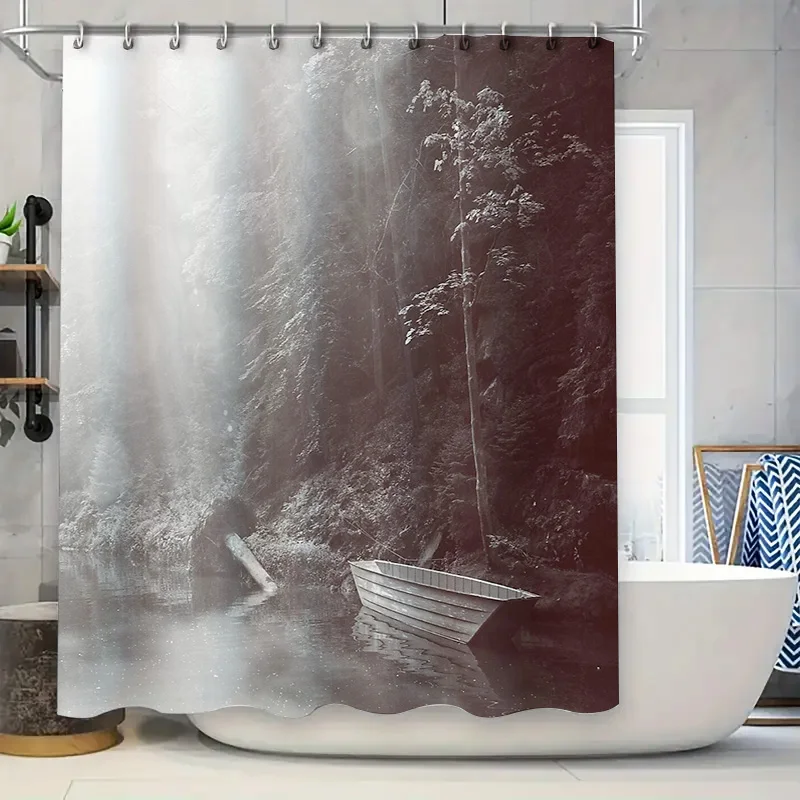 Vintage Boat Landscape Shower Curtain Rustic River Nature Bathroom Decor Black and White Artistic Scenic Backdrop Waterproof Hom