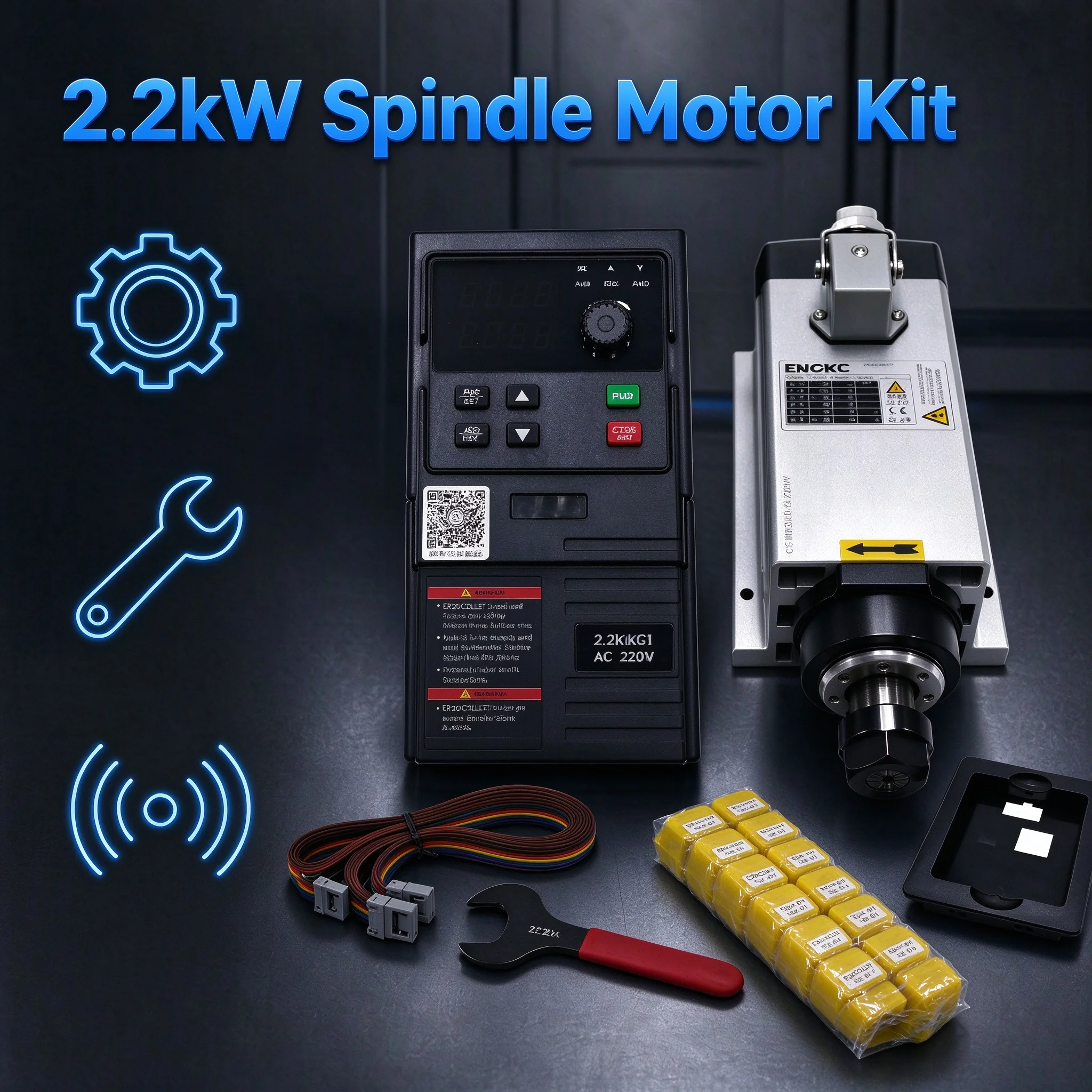 2.2KW Air Cooled Spindle Motor Kit 220V ER20 Collet with VFD Drive Wrench Cables for CNC Router Engraving Milling Machine