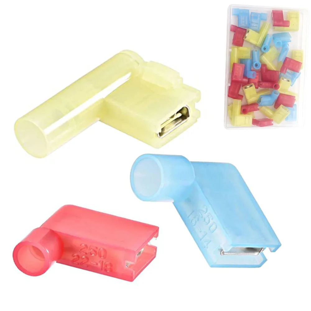 

80Pcs Right Angle Spade Connector 22-18/16-14/12-10AWG Quick Disconnect Flag Terminal Red/Yellow/Blue 90 Degree Wire Connector