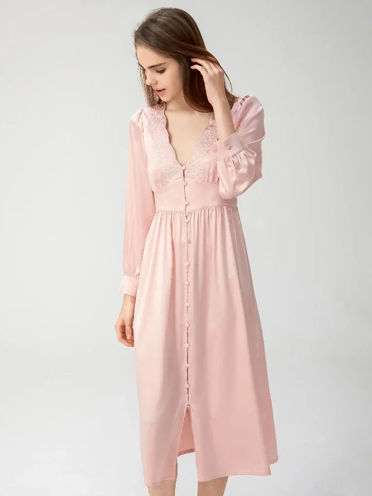 Deep V-neck Long Silk Nightdress 100% Mulberry Silk Long Sleeve Chemise Sexy Sleep Shirt Dress for Women Korean Button Nightgown  Women Sexy Lace Satin Pajama Set Factory Direct Wholesale, Affordable Bulk Price