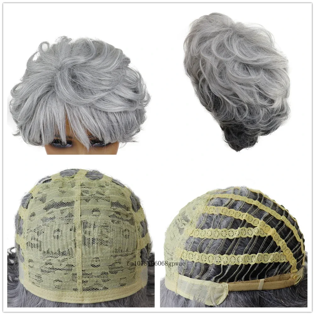 باروكات صناعية قصيرة مجعدة باللون الرمادي للنساء، باروكة للسيدات العجوز مع غرة، لون رمادي، شعر مستعار كوسبلاي للحفلات التنكرية اليومية للهالوين #4