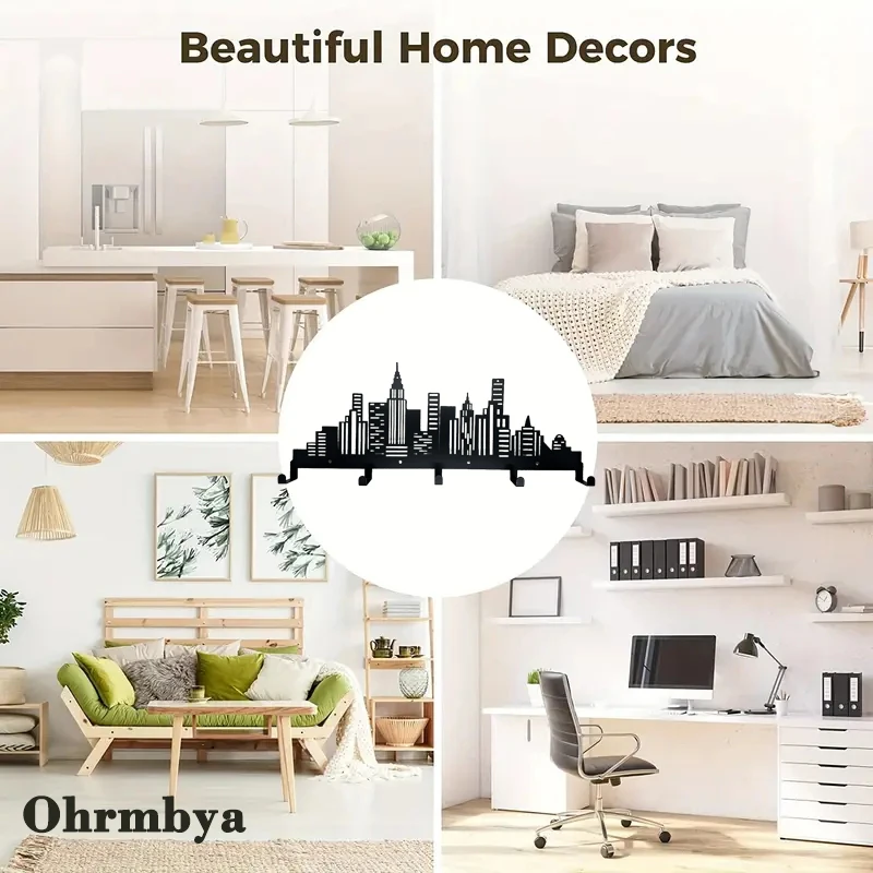 Modern City Skyline Coat Rack Hanging Towels Rack Entry Keys Rack Decorative Wall Hanger for Entryway Doorway Hallway Garage