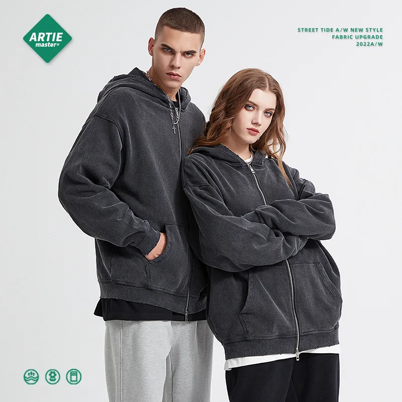 

Hip Hop Streetwear Washed Ripped hoodie Hooded Jacket Men Solid Color Jacket Coat Autumn Harajuku Cotton Zip Up Jacket Outwear