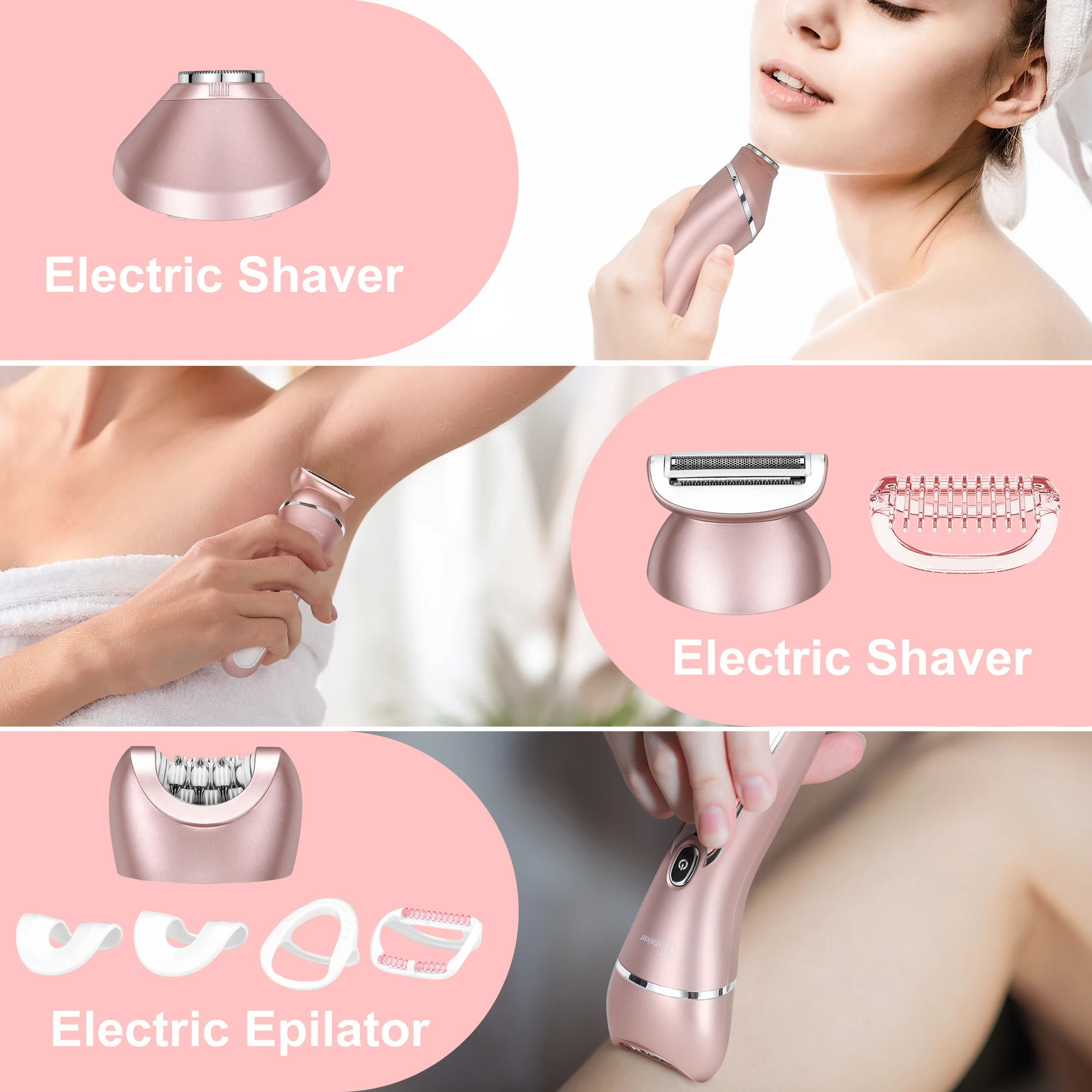 HATTEKER Hair Remover Rechargeable Epilator Professional Lady Shaver Electric 3 In 1 Bikini Leg Body LED Epilator for Women