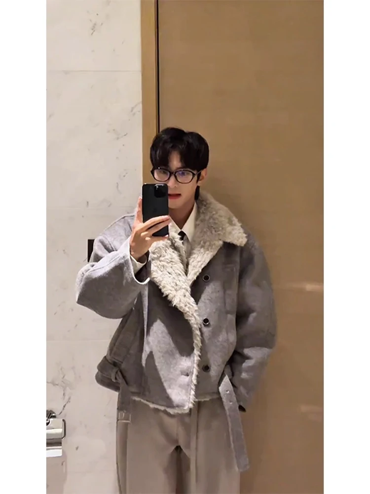 

Корейское двубортное шерстяное пальто с хлопковым внутренним и меховым воротником для мужчин, зимняя теплая модная кроватка...