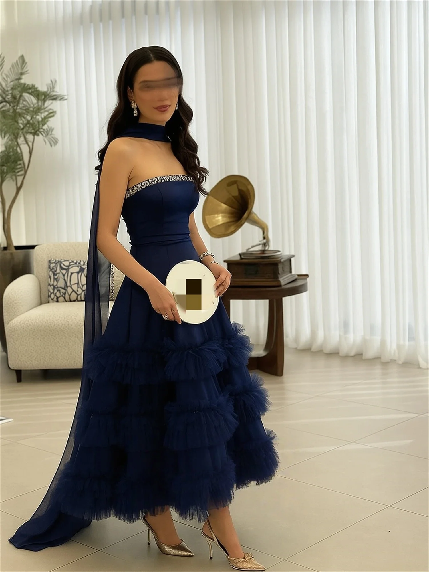 

Blue Beaded Long Bespoke Occasion Gown Long Evening Dresses Pastrol Unisex Jersey Retro Dubai Saudi Arabic Prom Customized