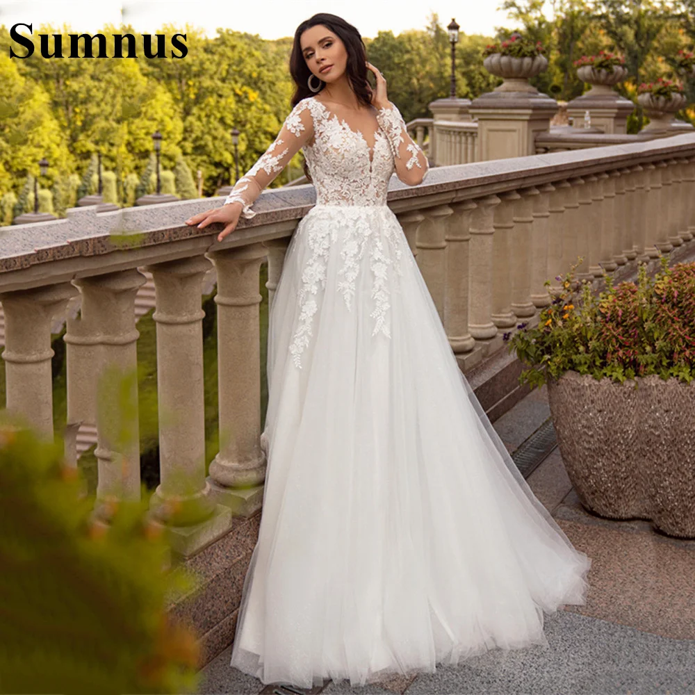 

Sumnus Lace Appliques Full Sleeve Wedding Dress Sexy V Neck Illusion Tulle A Line Bridal Gown Long Princess Bride Dresses