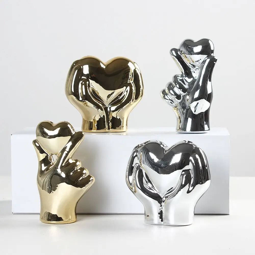 2Pcs/set Gold Love Heart Gesture Figurine Kawaii Silver Elegant Heart Hand Sculpture Durable Creative Heart Hand Ceramic Statue