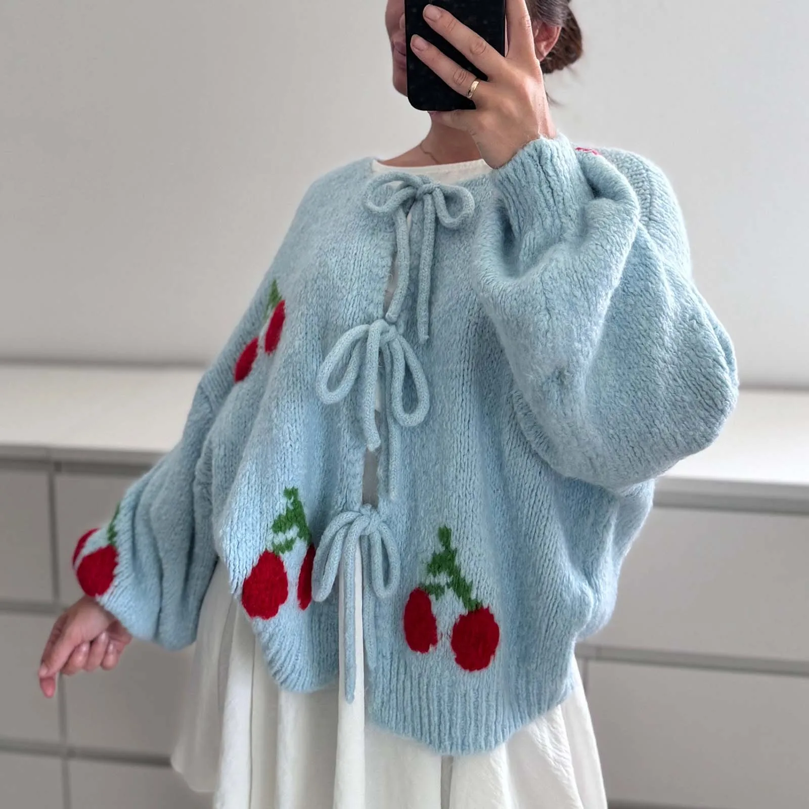 hirigin Cardigan da donna con papillon sul davanti oversize aperto sul davanti Cappotti maglione carino Y2k Manica a lanterna Capispalla allentato casual