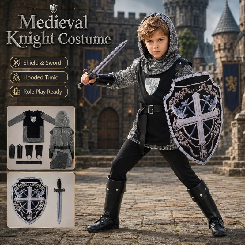 Kids Medieval Knight Costume Halloween Cosplay Role Play Outfit Carnival Stage Performance Dress Up Set Hood Belt Boot Covers