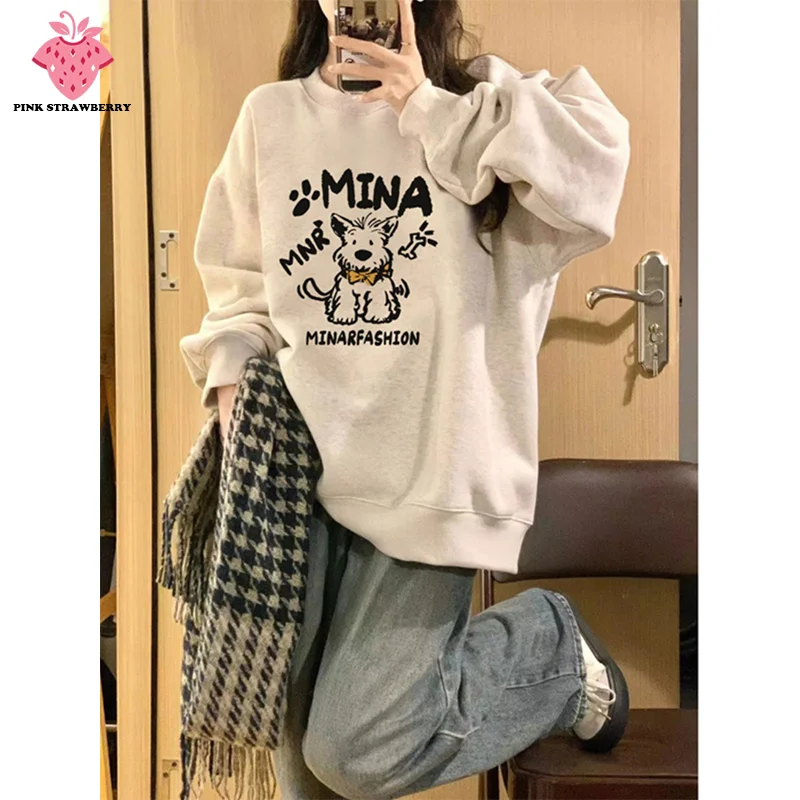 

Cartoon Dog Print Plush Sweatshirt Women Autumn Winter 2025 New Oversize O-Neck Pullover Hoodie Y2K Tops kawaii Ladies clothing