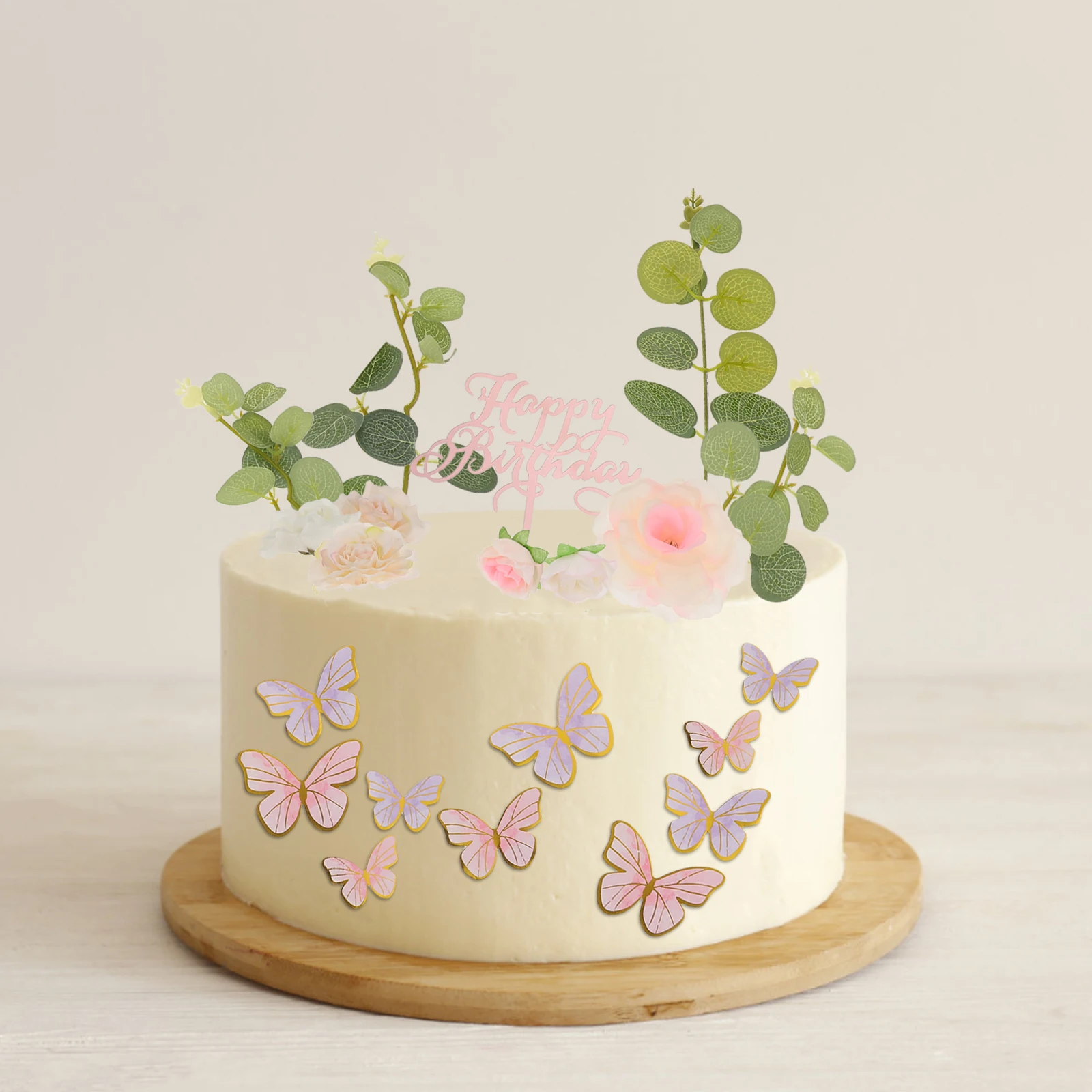

33pcs Decorations Set Floral Butterfly Eucalyptus Leaves Wedding Birthday Shower Supplies 3D Artificial Flower Cake Topper