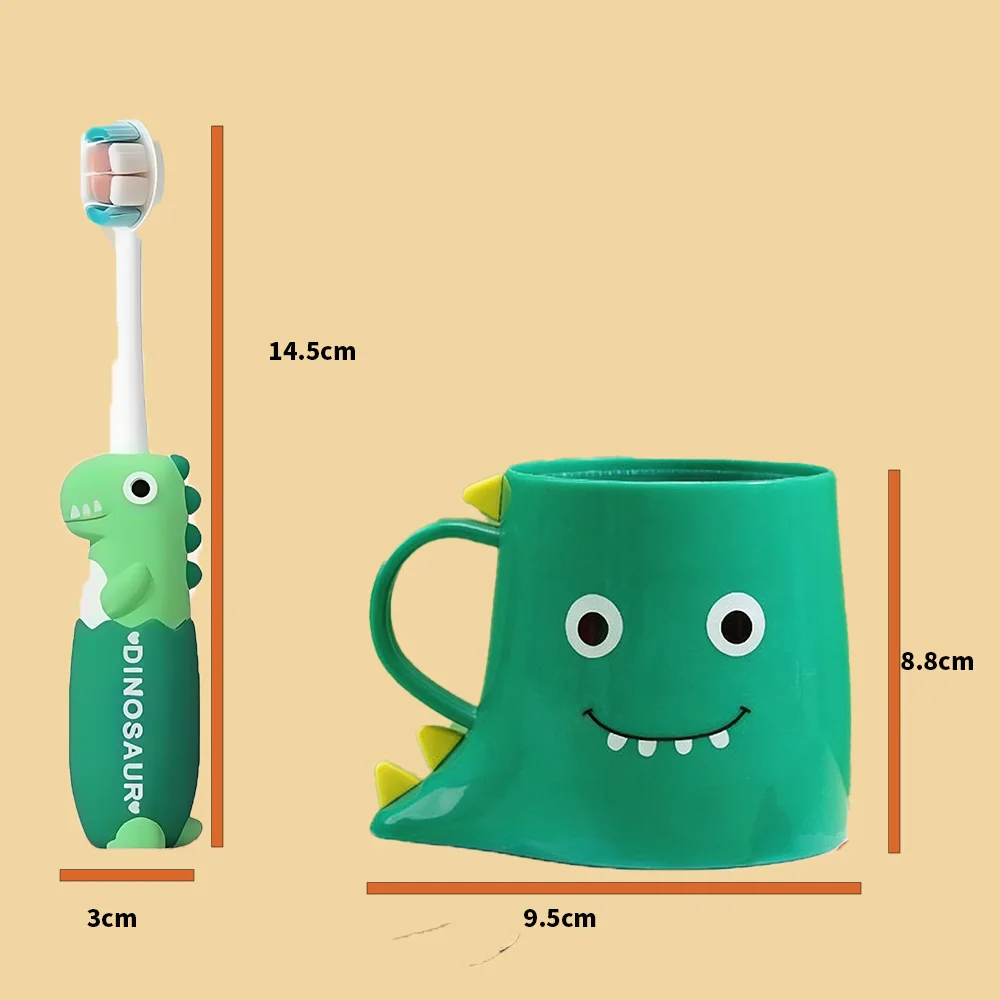 Cartoon dinosaur children's grooming two-piece set, soft bristled children's toothbrush+dinosaur water cup, children's brushing