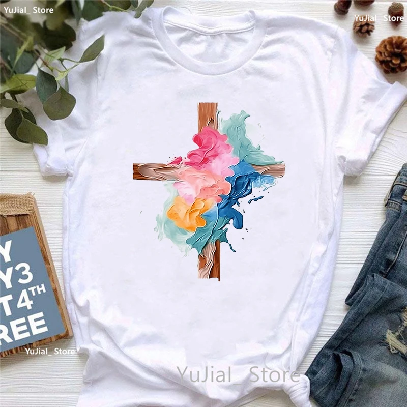 

Watercolor Cross Jesus Printed T Shirt Girls Summer Fashion Tops Tee Shirt Femme Harajuku Shirt Kawaii Clothes T-Shirt Female