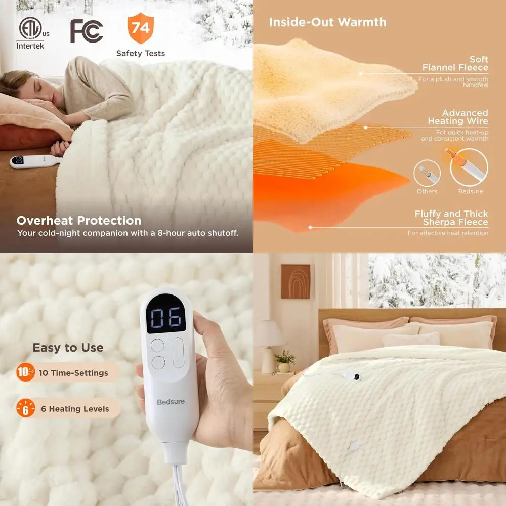 

Twin Size Electric Blanket - Ultra Soft Flannel Sherpa, 6 Heat Levels, 10 Timers, 8-Hour Auto-Off, Coconut White, 62x84