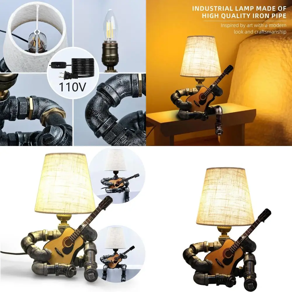 

Vintage Steampunk Guitar Desk Lamp with Edison Bulb, Unique Music Lover's Gift, Industrial Style Room Decor