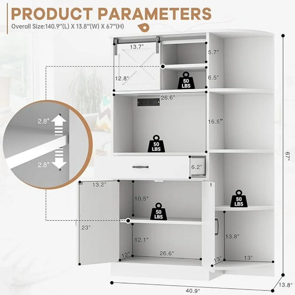 Mobiletto portaoggetti per dispensa da cucina, mobiletto da cucina da 67 pollici con ante scorrevoli, 2 cassetti e 4 ripiani angolari, credenza da buffet