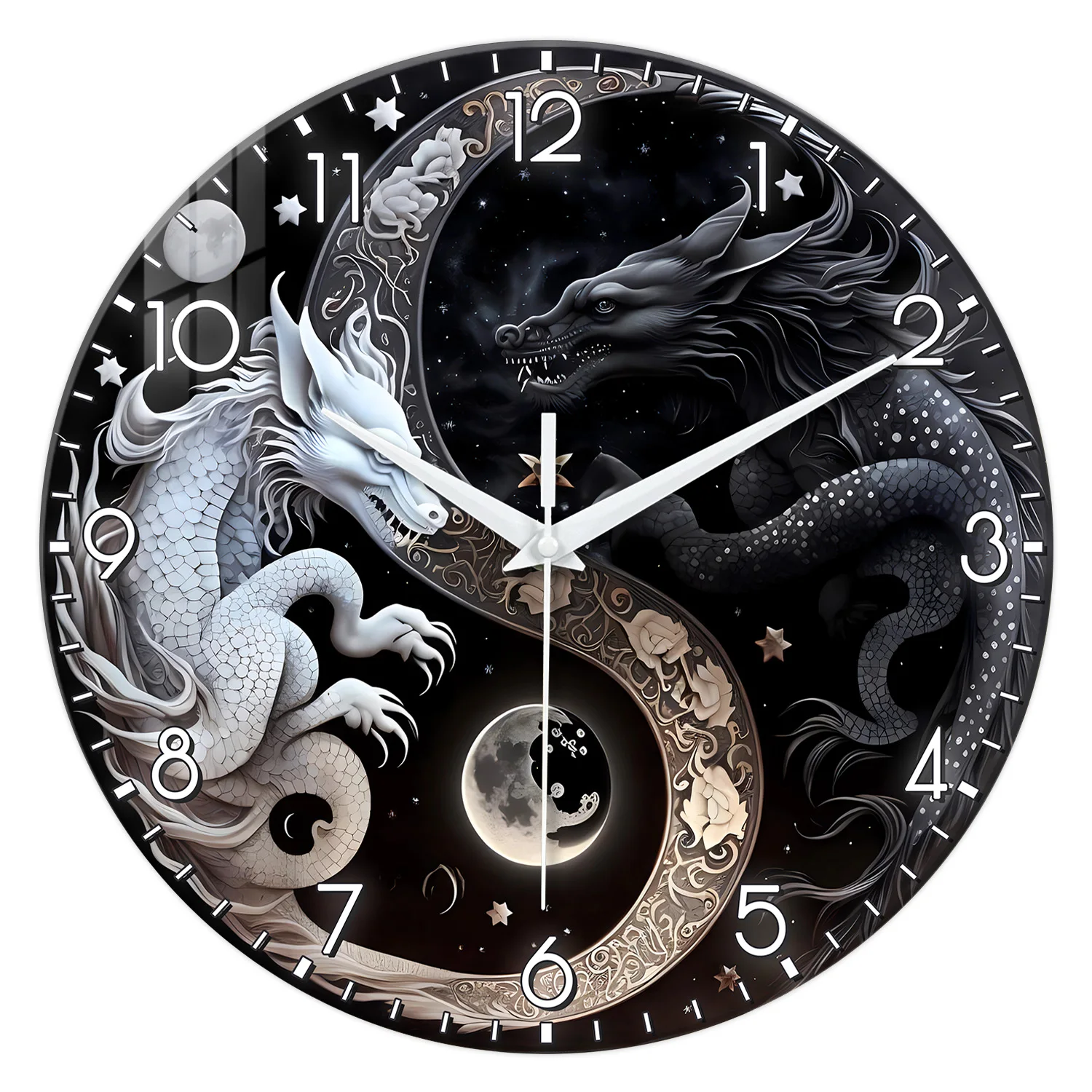1pc glass wall clock, Oriental mythology black and white dragon design wall clock, home mute clock, decorate the living room