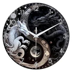 1pc glass wall clock, Oriental mythology black and white dragon design wall clock, home mute clock, decorate the living room