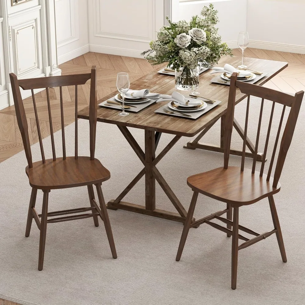 

Walnut Windsor Dining Chairs Set of 2, Farmhouse Wooden Kitchen Chairs with Spindle Back, Mid Century Modern Armless Kitchen