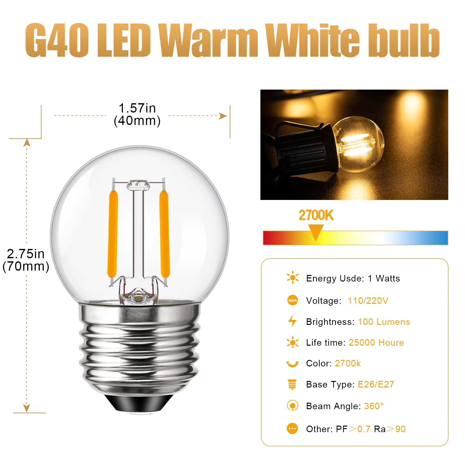 寝室の装飾用のヴィンテージLED電球,フィラメントランプ,g40,1w,e26,e27,220v,110v,e26,暖かい白,吊り下げ式シャンデリア,文字列ライト電球