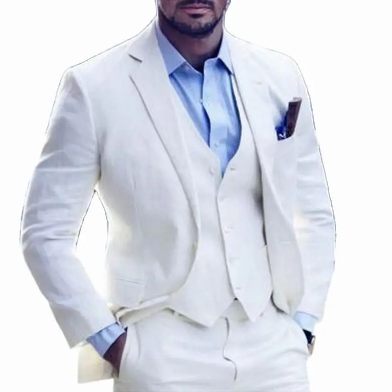 Neue Strand Leinen Männer Anzüge 2025 Sommer 3 Stück Slim Fit Weiß Bräutigam Hochzeit Smoking Trauzeuge Formale Prom männlichen Anzug Kostüm Homme