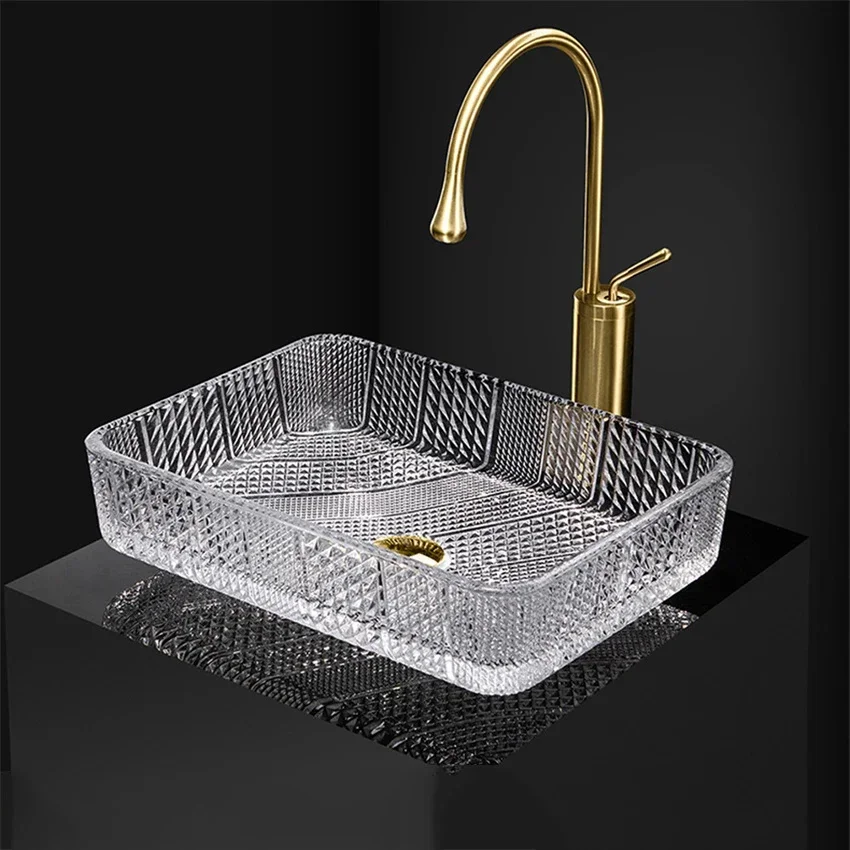 

Glass Countertop Sinks Transparent Washbasin Simple Home Bathroom European-style Square Basin Shampoo Sinks With Drainer Faucet