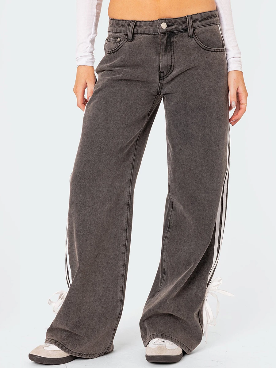 

Женские джинсы с низкой посадкой, прямые джинсовые брюки с завязками в полоску по бокам и бантом с карманами на лето и весну