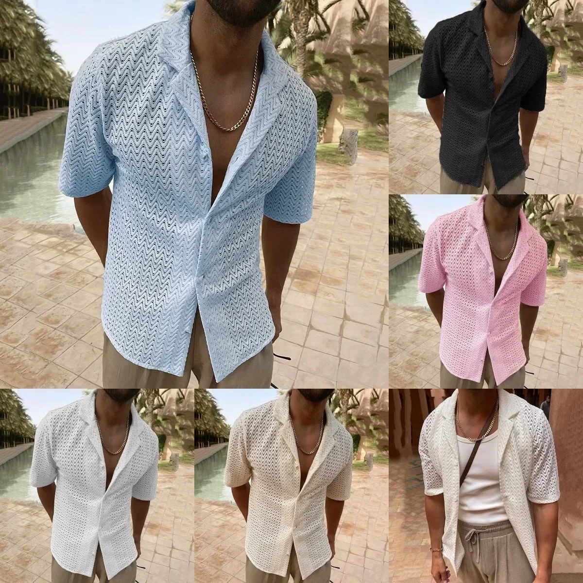 

Casual Mens Knitted Shirts 2023 Summer Hollow Out Slimming Short Sleeve Lapel Knit Cardigans Men Clothes Vintage