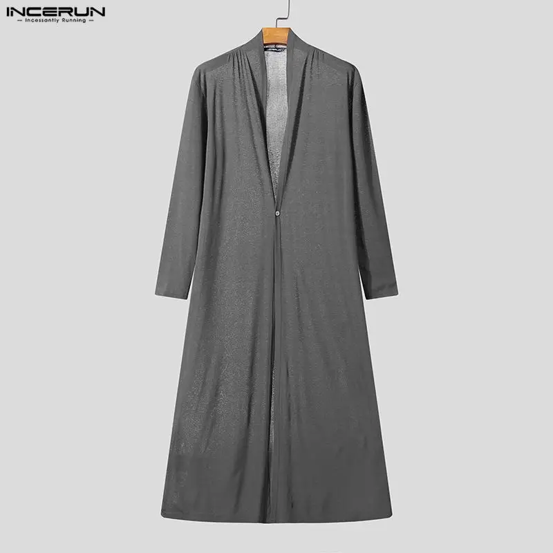 

INCERUN Мужская длинная стильная рубашка с однотонным v-образным вырезом и длинным рукавом, повседневная мужская одежда, уличная одежда, свободные модные рубашки на одной пуговице, мужские рубашки