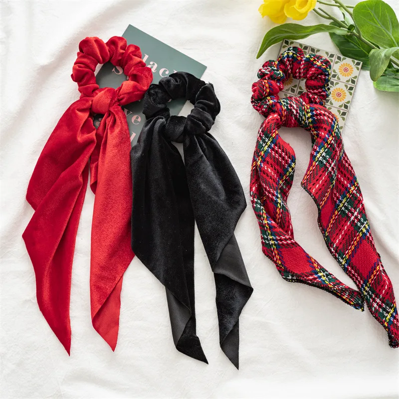 24pc Christmas Tartan Prints Scrunchies Long Hair Rope Korean Hair Ties for Women Ponytail Scarf Sweet Elastic Hair Band Girls