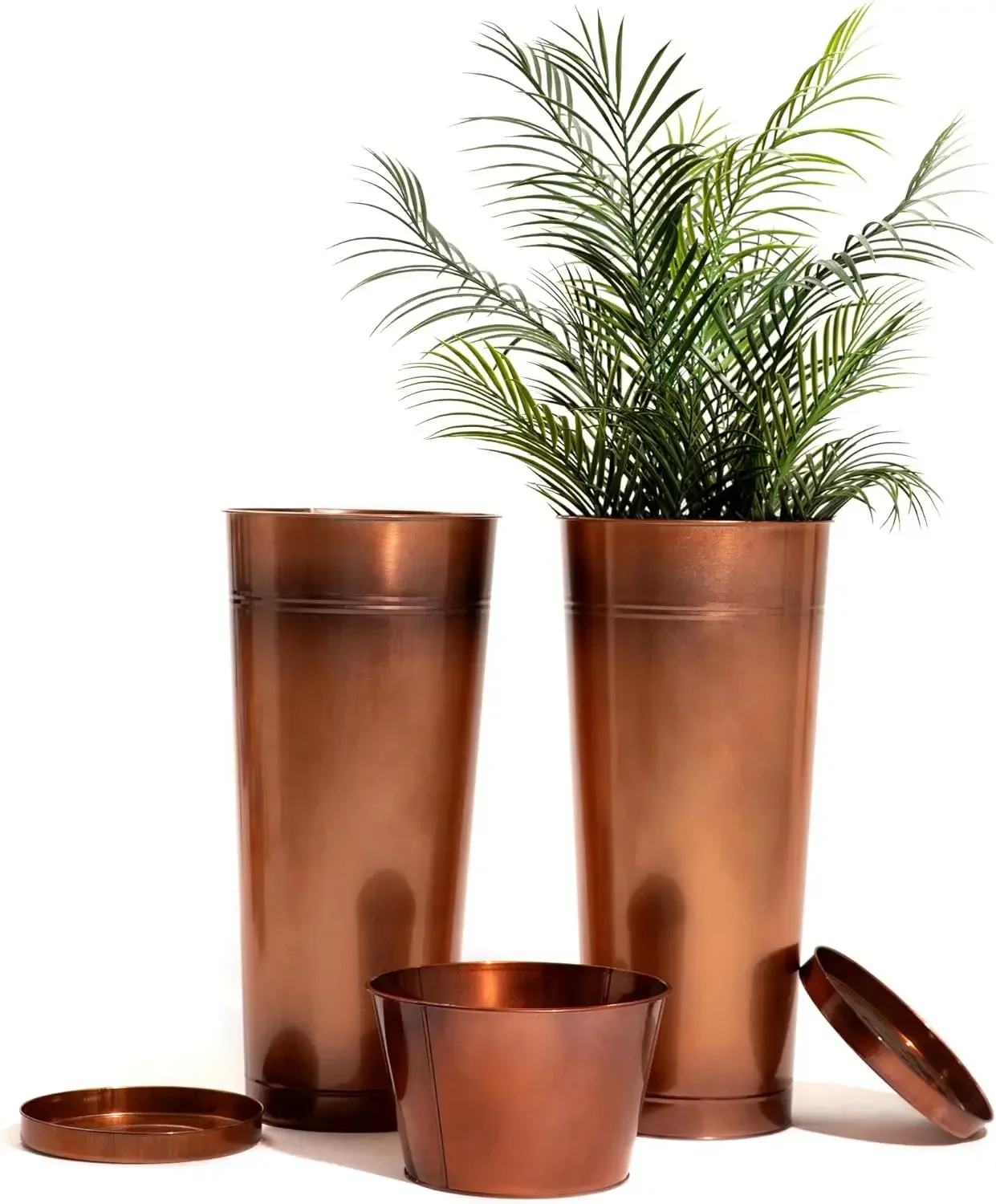 28in Tall Copper Planters Set of 2,Galvanized Steel Tall Outdoor Planter for Indoor/porches- Copper Color(2planters,2inner pots