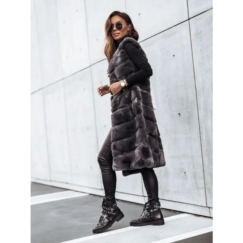 Women's S-2XL size 2024 New AliExpress Wish Amazon Popular Autumn/Winter Long Round Neck Fur Vest Coat long coats for winter for