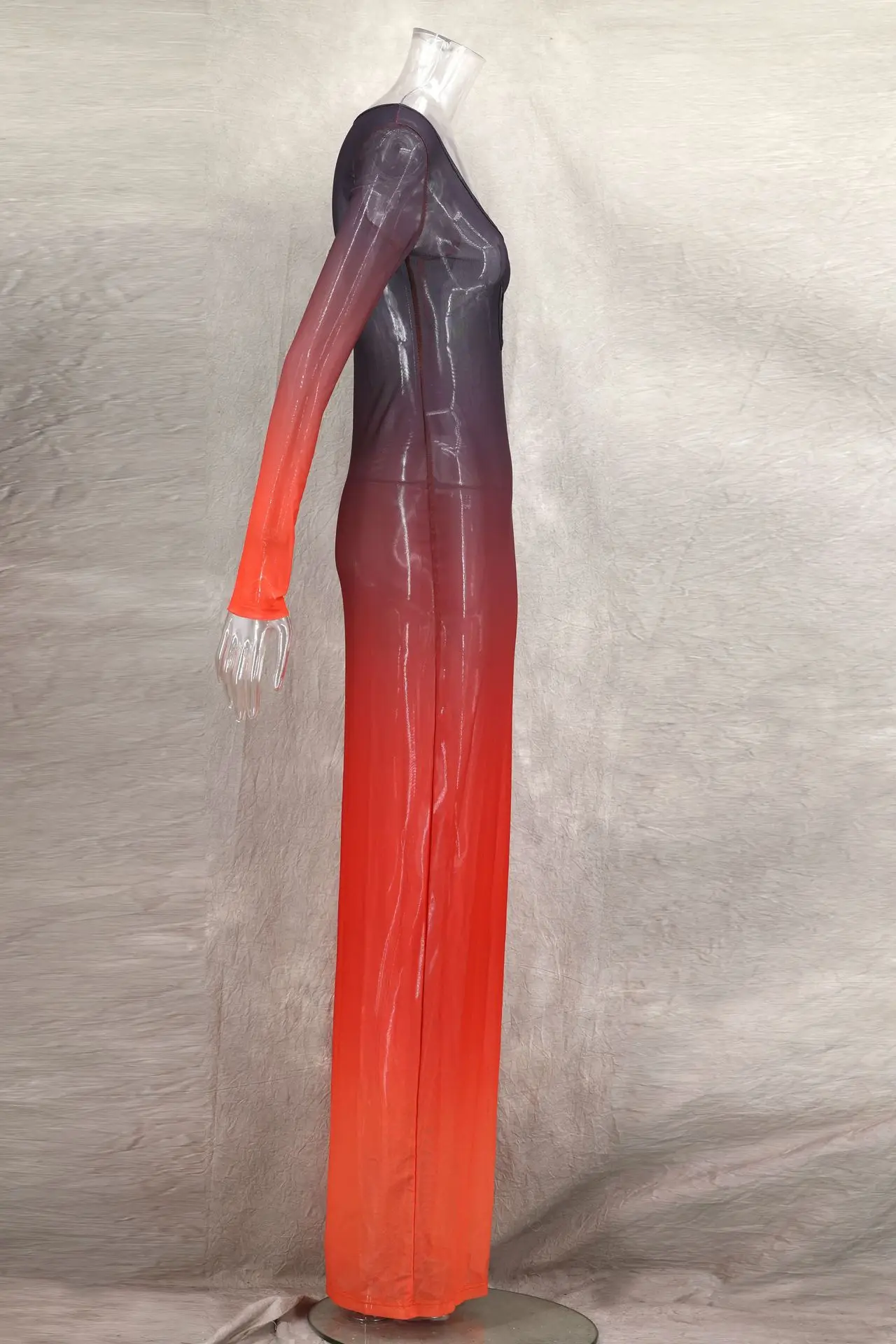 Vestido largo de verano degradado para mujer, vestido playero de malla transparente Sexy, vestido Maxi ajustado recortado de manga larga