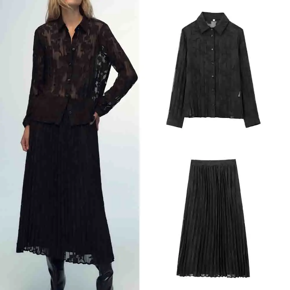 

Women's new fashion printed semi transparent pleated shirt retro long sleeved button up women's shirt chic top+Skirts suit